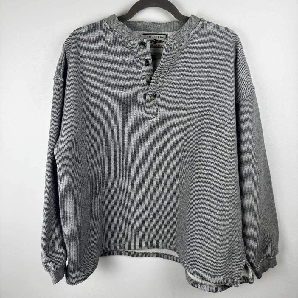 Mens Long Sleeve Henley Shirt Large Grey Textured Knit Heavy Warm Utility